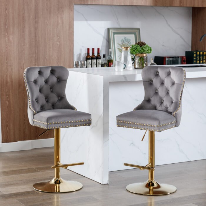 Thick gold rotating velvet bar stool with adjustable seat height and backrest (Set of 2) - Image 14
