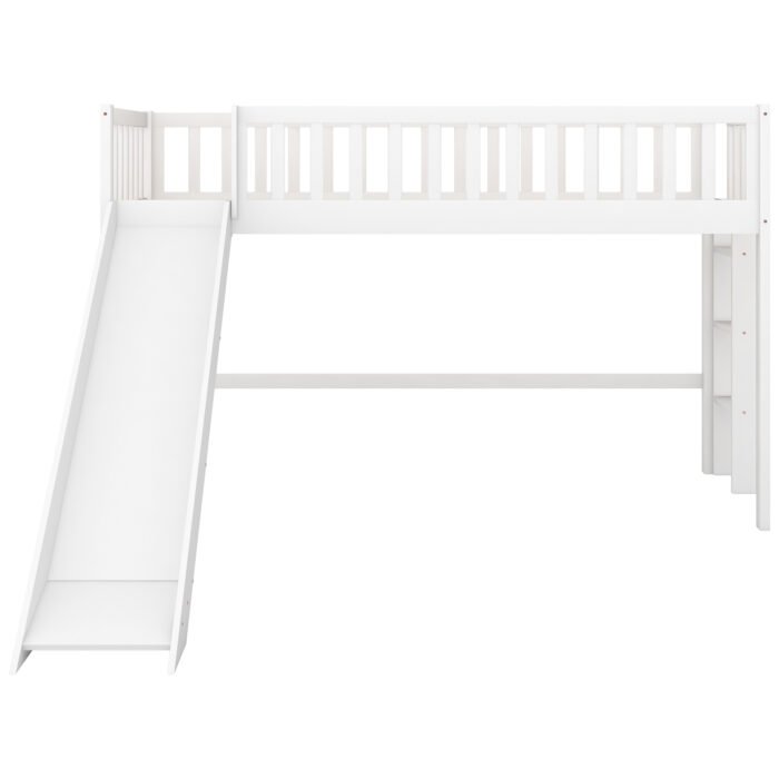 Twin Size Low Loft Bed with Ladder and Slide, White - Image 12