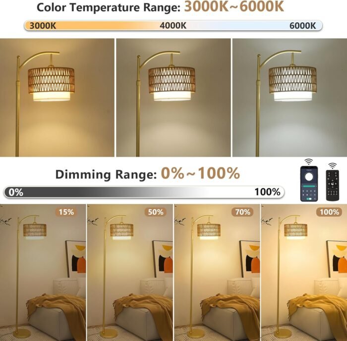 Gold Floor Lamps for Living Room with Remote Dimmable LED Bulb with 3 Colors - Image 5