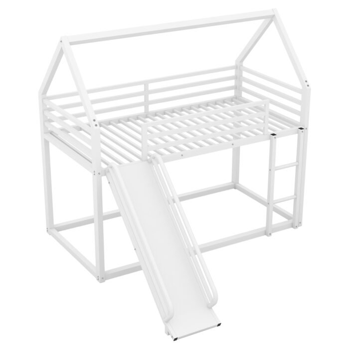 Twin over Twin House Bunk Bed with Ladder and Slide, White - Image 6