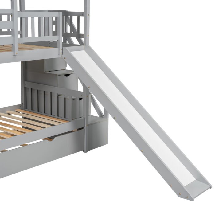 Twin over Twin House Bunk Bed with Trundle and Slide Storage Staircase, Roof and Window Design, Gray - Image 9