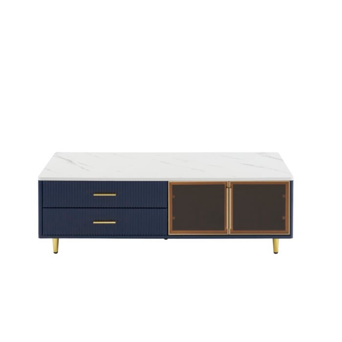 Modern  Coffee Table with 2 Glass Doors Storage with 4 Drawers and Gold Metal Legs - Image 10