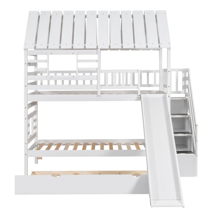 Twin over Twin House Bunk Bed with Trundle and Slide Storage Staircase Roof and Window Design, White - Image 20