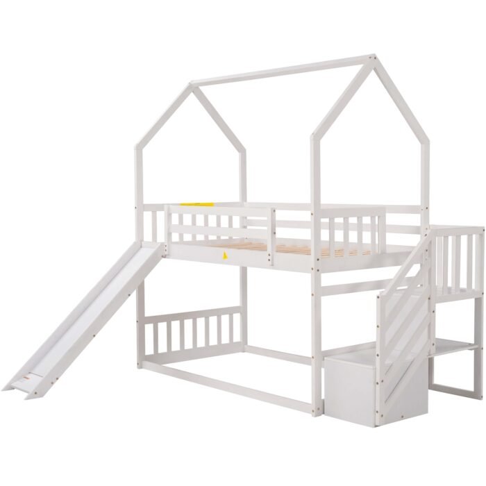Twin over Twin House Bunk Bed with Convertible Slide,Storage Staircase,White - Image 8