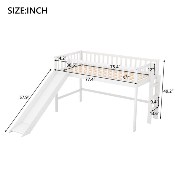 Twin Size Low Loft Bed with Ladder and Slide, White - Image 2