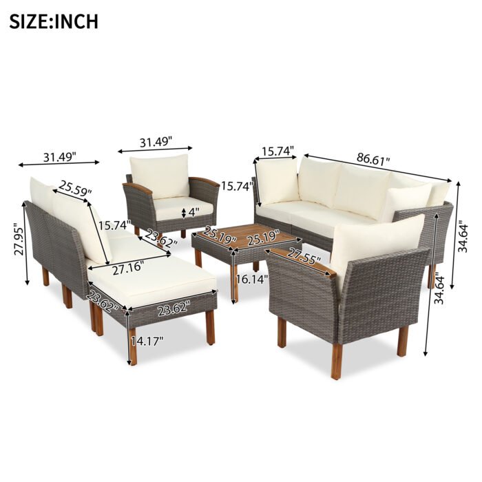 9 pieces Patio rattan furniture set with Acacia wooden legs and tabletop - Image 3