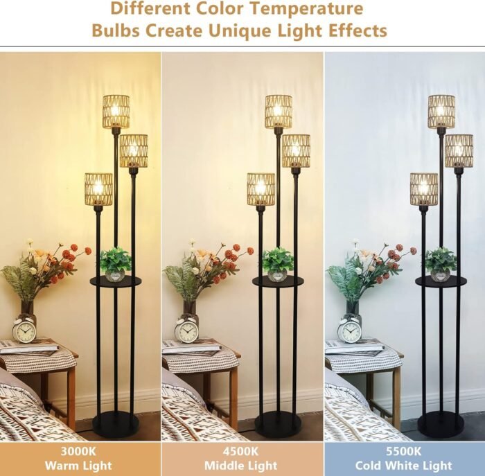 Boho Floor Lamp with Shelves 3-Lights Farmhouse with ON/OFF Foot Switch and Rattan Shades - Image 8