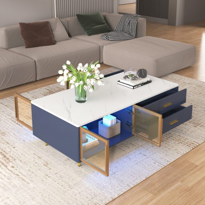 Modern  Coffee Table with 2 Glass Doors Storage with 4 Drawers and Gold Metal Legs - Image 4