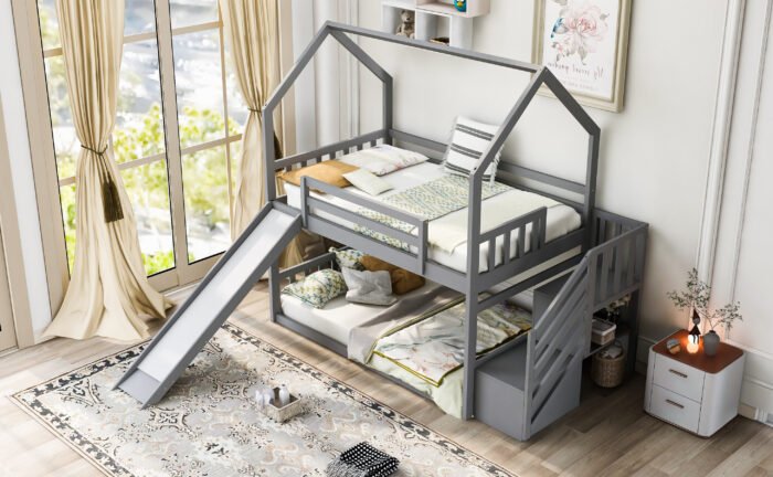 Twin over Twin House Bunk Bed with Convertible Slide,Storage Staircase can be Placed Left or Right,Gray - Image 4