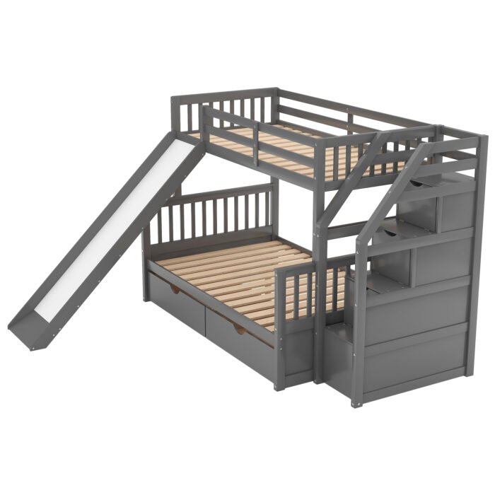 Twin over Full Bunk Bed with Drawers Storage and Slide  Multifunction, Gray - Image 12