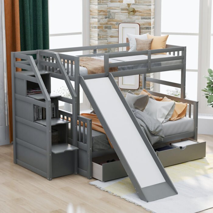 Twin over Full Bunk Bed with Drawers Storage and Slide  Multifunction, Gray - Image 3