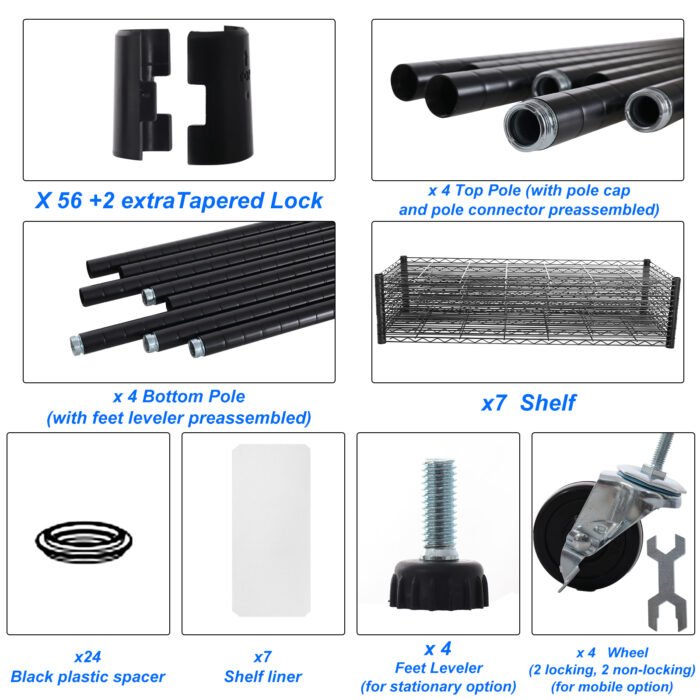 7 Tier Wire Shelving Unit Height Adjustable with Wheels (2450 LBS NSF) Black - Image 10