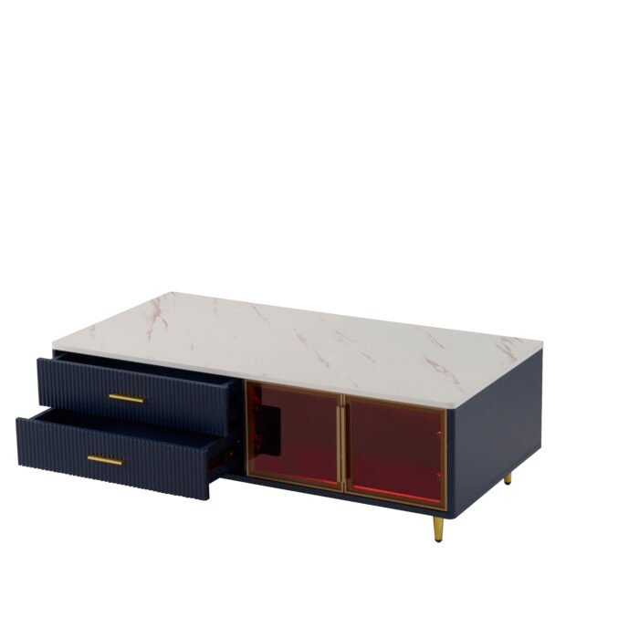 Modern  Coffee Table with 2 Glass Doors Storage with 4 Drawers and Gold Metal Legs - Image 12
