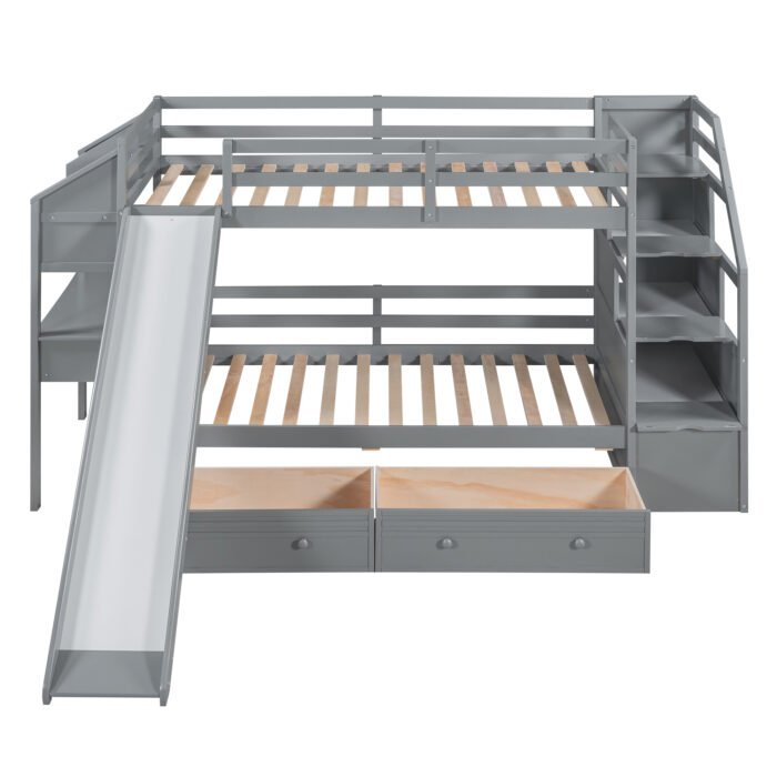 Twin over Twin Bunk Bed with Storage Staircase, Slide and Drawers, Desk with Drawers and Shelves  Gray - Image 7