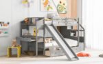Twin over Twin Bunk Bed with Storage Staircase, Slide and Drawers, Desk with Drawers and Shelves  Gray - Image 3