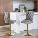 Thick gold rotating velvet bar stool with adjustable seat height and backrest (Set of 2)