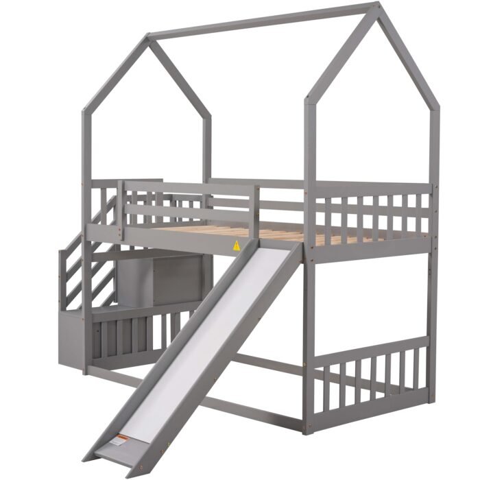Twin over Twin House Bunk Bed with Convertible Slide,Storage Staircase can be Placed Left or Right,Gray - Image 13