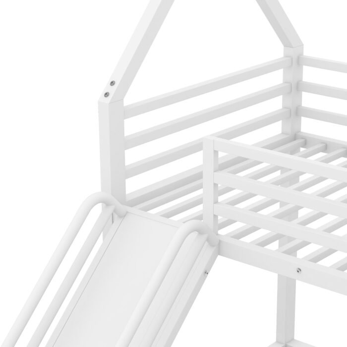 Twin over Twin House Bunk Bed with Ladder and Slide, White - Image 10