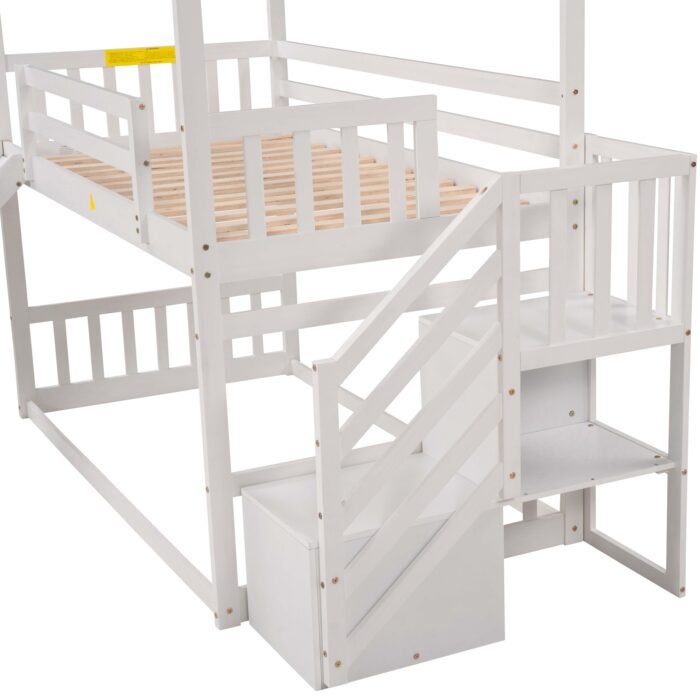 Twin over Twin House Bunk Bed with Convertible Slide,Storage Staircase,White - Image 11