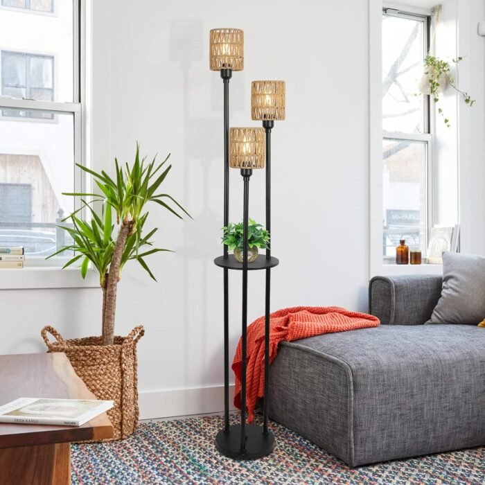 Boho Floor Lamp with Shelves 3-Lights Farmhouse with ON/OFF Foot Switch and Rattan Shades - Image 7