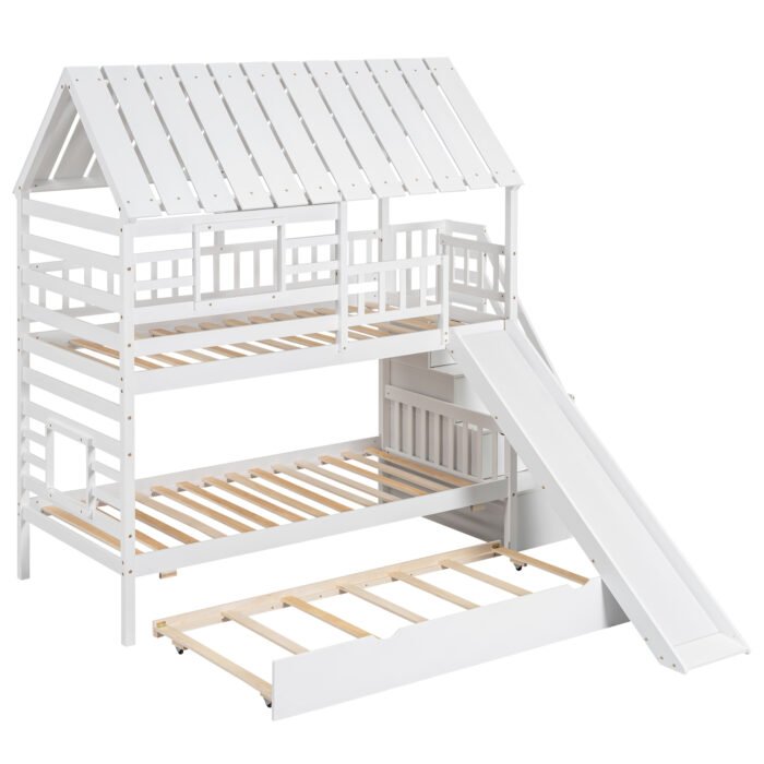 Twin over Twin House Bunk Bed with Trundle and Slide Storage Staircase Roof and Window Design, White - Image 19