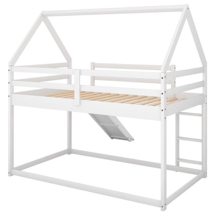 Twin Size Bunk House Bed with Slide and Ladder, White - Image 6