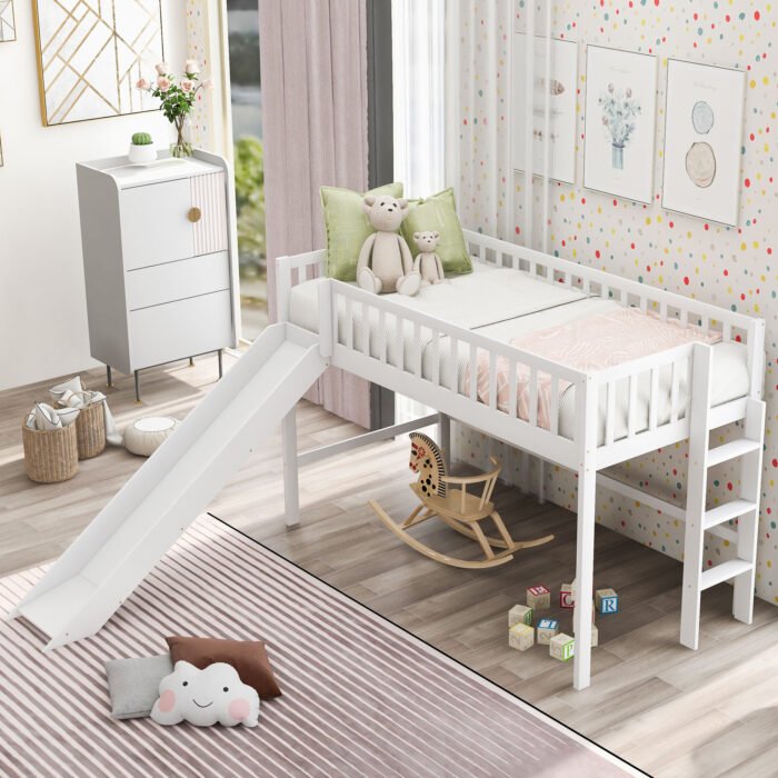 Twin Size Low Loft Bed with Ladder and Slide, White - Image 11