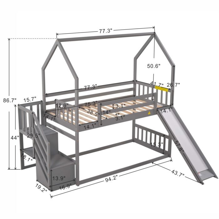 Twin over Twin House Bunk Bed with Convertible Slide,Storage Staircase can be Placed Left or Right,Gray - Image 14