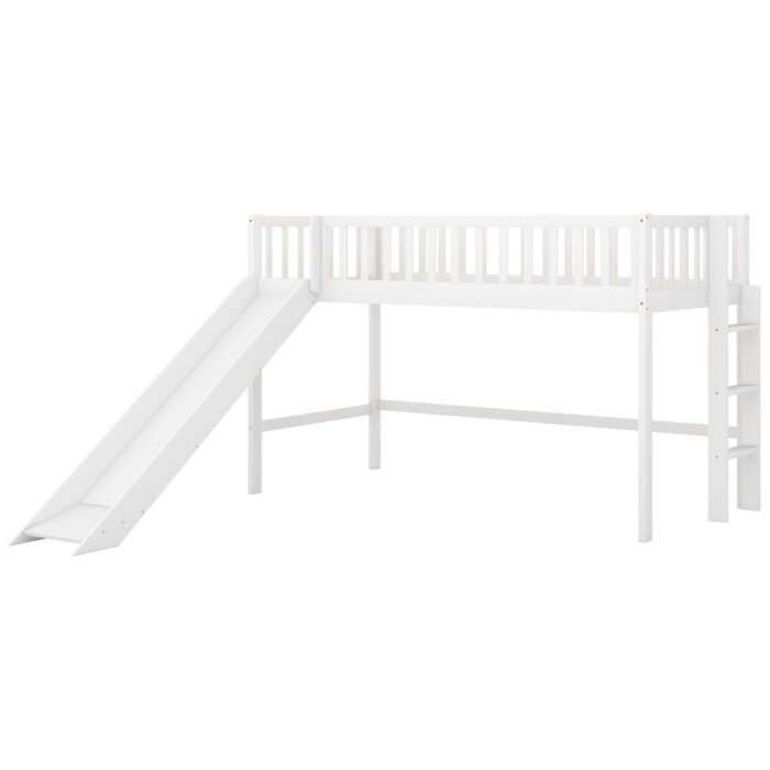 Twin Size Low Loft Bed with Ladder and Slide, White - Image 6