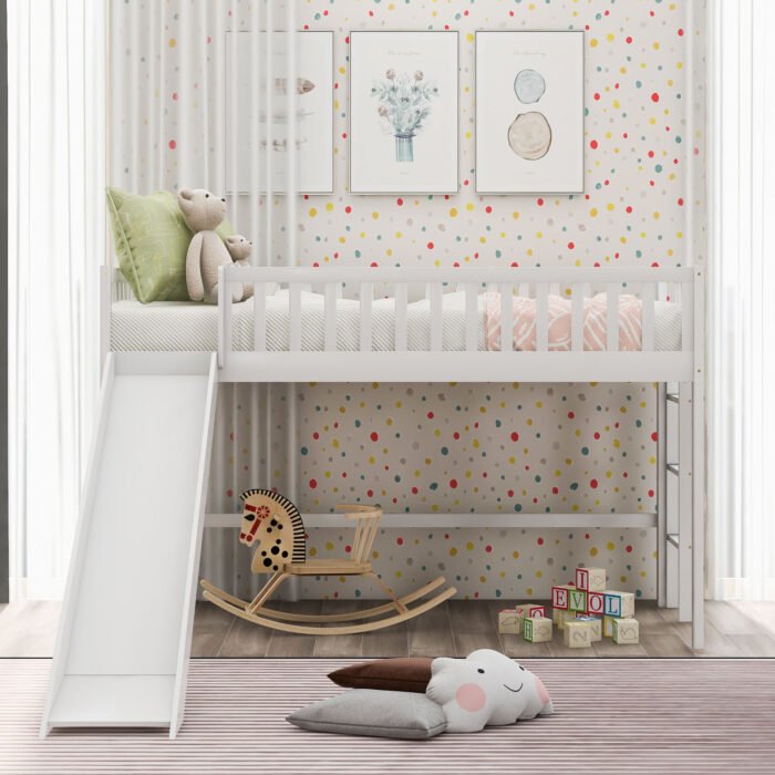 Twin Size Low Loft Bed with Ladder and Slide, White - Image 7