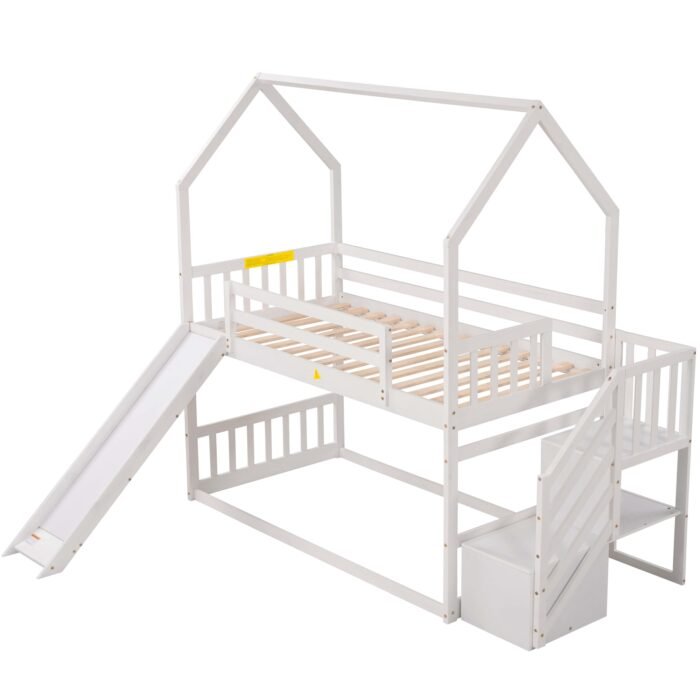 Twin over Twin House Bunk Bed with Convertible Slide,Storage Staircase,White - Image 9