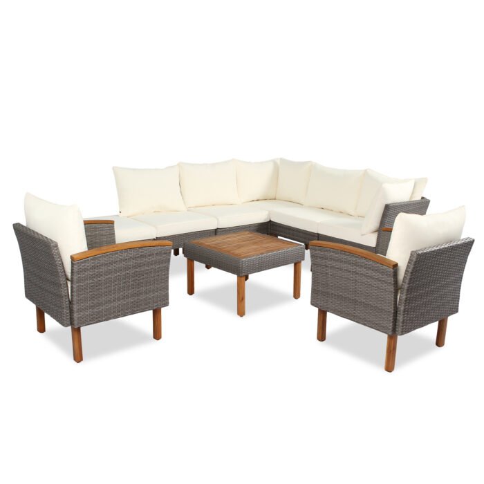 9 pieces Patio rattan furniture set with Acacia wooden legs and tabletop - Image 6