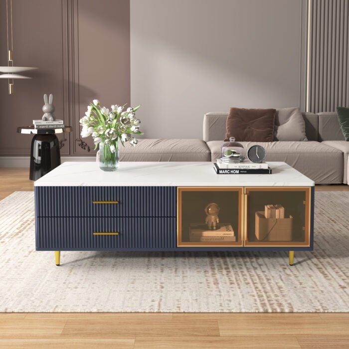 Modern  Coffee Table with 2 Glass Doors Storage with 4 Drawers and Gold Metal Legs - Image 2
