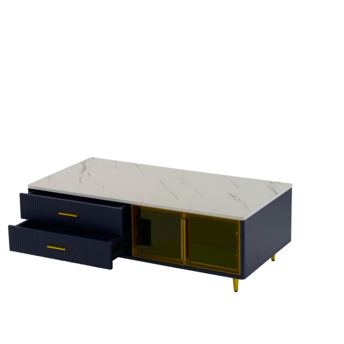 Modern  Coffee Table with 2 Glass Doors Storage with 4 Drawers and Gold Metal Legs - Image 16