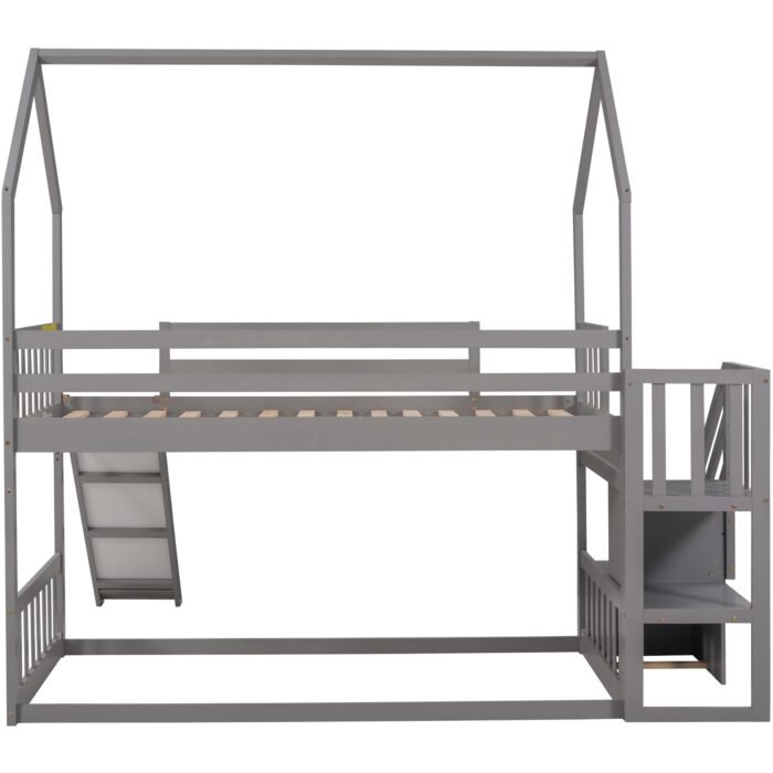Twin over Twin House Bunk Bed with Convertible Slide,Storage Staircase can be Placed Left or Right,Gray - Image 7
