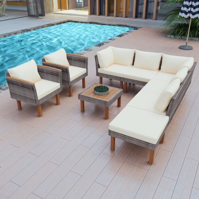 9 pieces Patio rattan furniture set with Acacia wooden legs and tabletop - Image 2