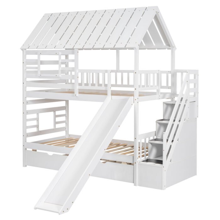 Twin over Twin House Bunk Bed with Trundle and Slide Storage Staircase Roof and Window Design, White - Image 8