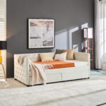 Sofa bed with drawers  modern velvet upholstered sofa bed, Beige