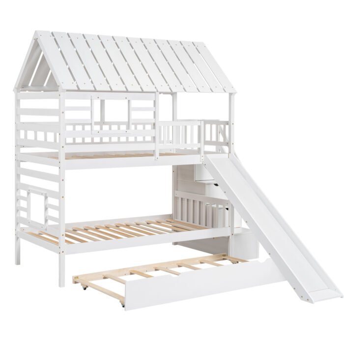 Twin over Twin House Bunk Bed with Trundle and Slide Storage Staircase Roof and Window Design, White - Image 14
