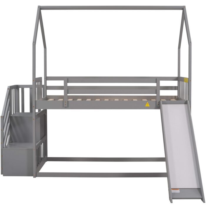Twin over Twin House Bunk Bed with Convertible Slide,Storage Staircase can be Placed Left or Right,Gray - Image 6