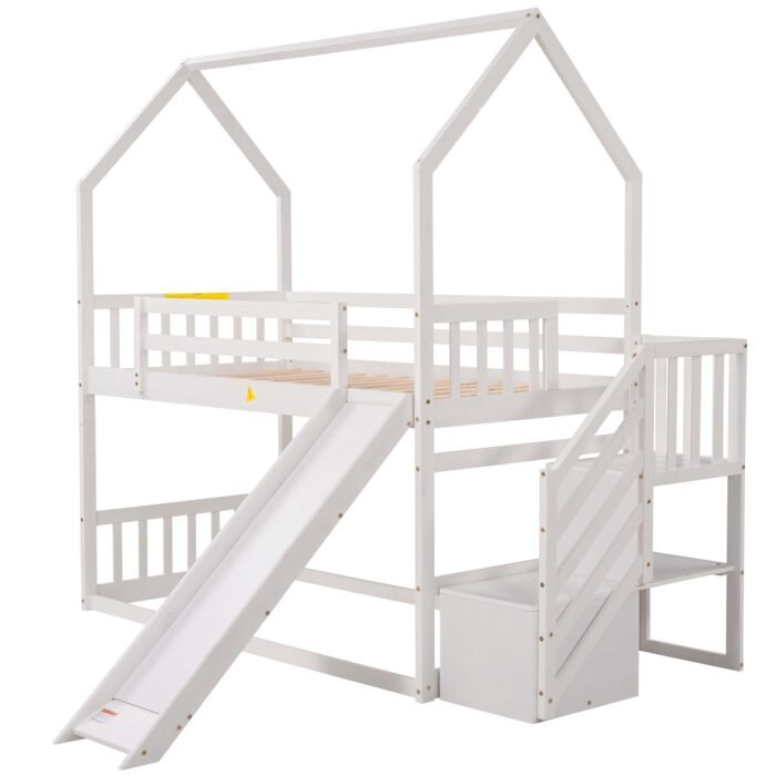 Twin over Twin House Bunk Bed with Convertible Slide,Storage Staircase,White - Image 6
