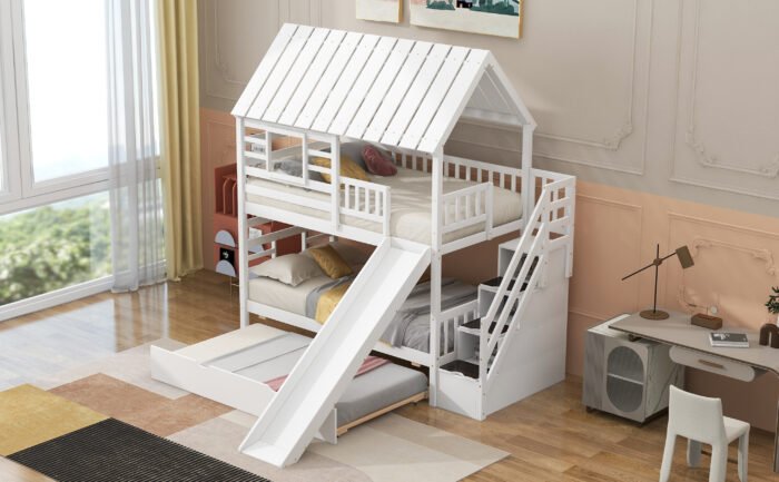 Twin over Twin House Bunk Bed with Trundle and Slide Storage Staircase Roof and Window Design, White - Image 4