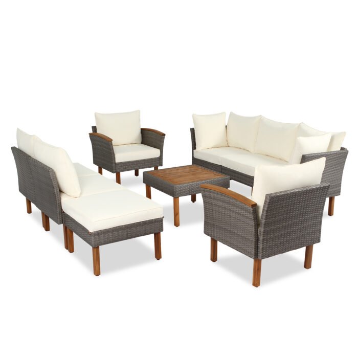 9 pieces Patio rattan furniture set with Acacia wooden legs and tabletop - Image 5