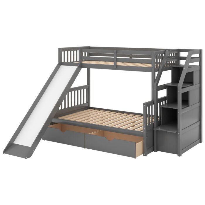 Twin over Full Bunk Bed with Drawers Storage and Slide  Multifunction, Gray - Image 10