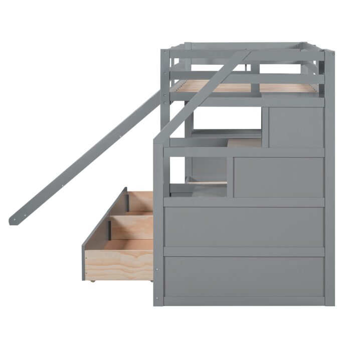 Twin over Twin Bunk Bed with Storage Staircase, Slide and Drawers, Desk with Drawers and Shelves  Gray - Image 13