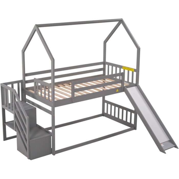 Twin over Twin House Bunk Bed with Convertible Slide,Storage Staircase can be Placed Left or Right,Gray - Image 15