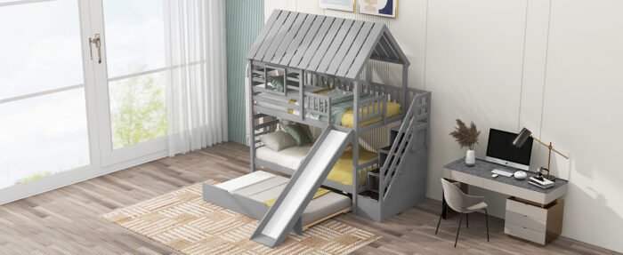 Twin over Twin House Bunk Bed with Trundle and Slide Storage Staircase, Roof and Window Design, Gray - Image 11