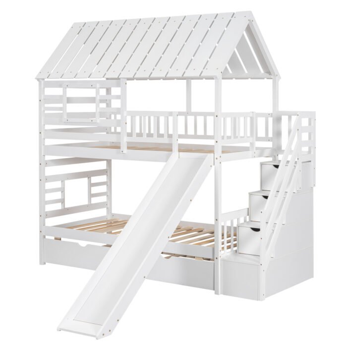 Twin over Twin House Bunk Bed with Trundle and Slide Storage Staircase Roof and Window Design, White - Image 6