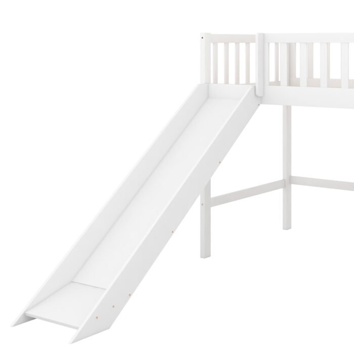 Twin Size Low Loft Bed with Ladder and Slide, White - Image 13