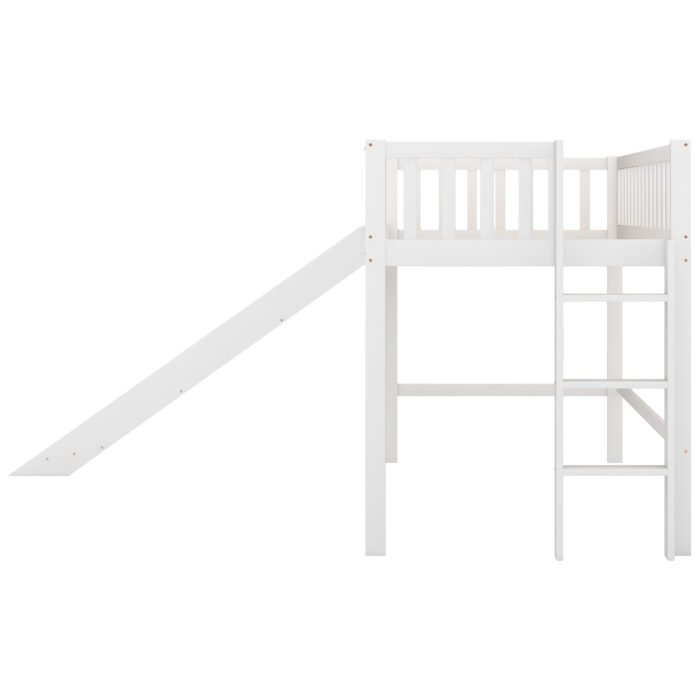 Twin Size Low Loft Bed with Ladder and Slide, White - Image 4